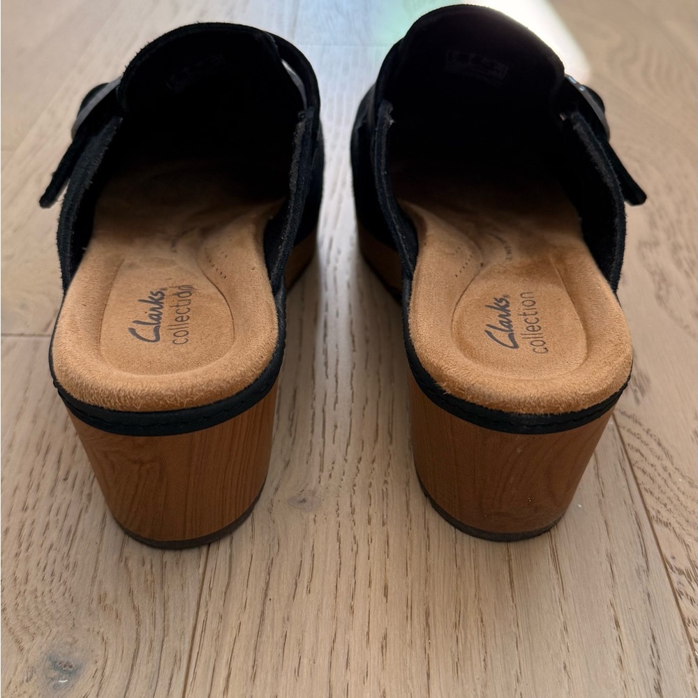 Clarks Black Suede Buckle Clogs - Picture 6 of 8